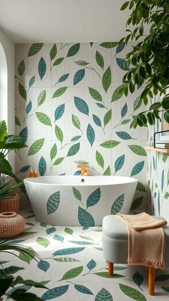 A nature-inspired bathroom featuring leaf-patterned tile flooring and walls, with a white bathtub and green plants.