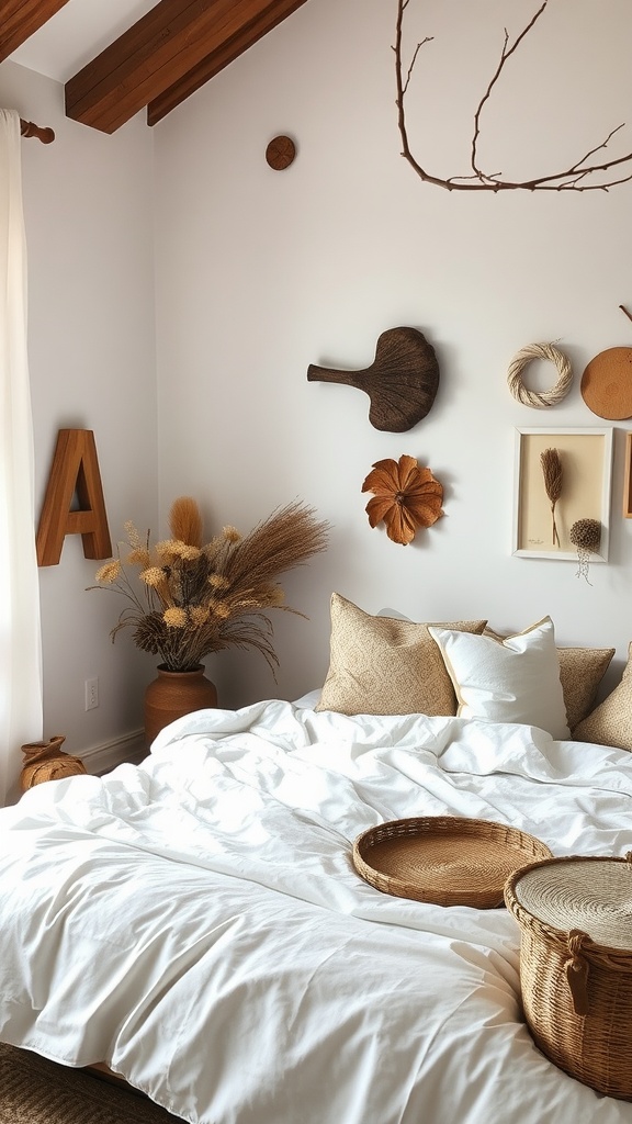 A cozy cottagecore bedroom featuring natural decor, soft white bedding, and earthy accents.
