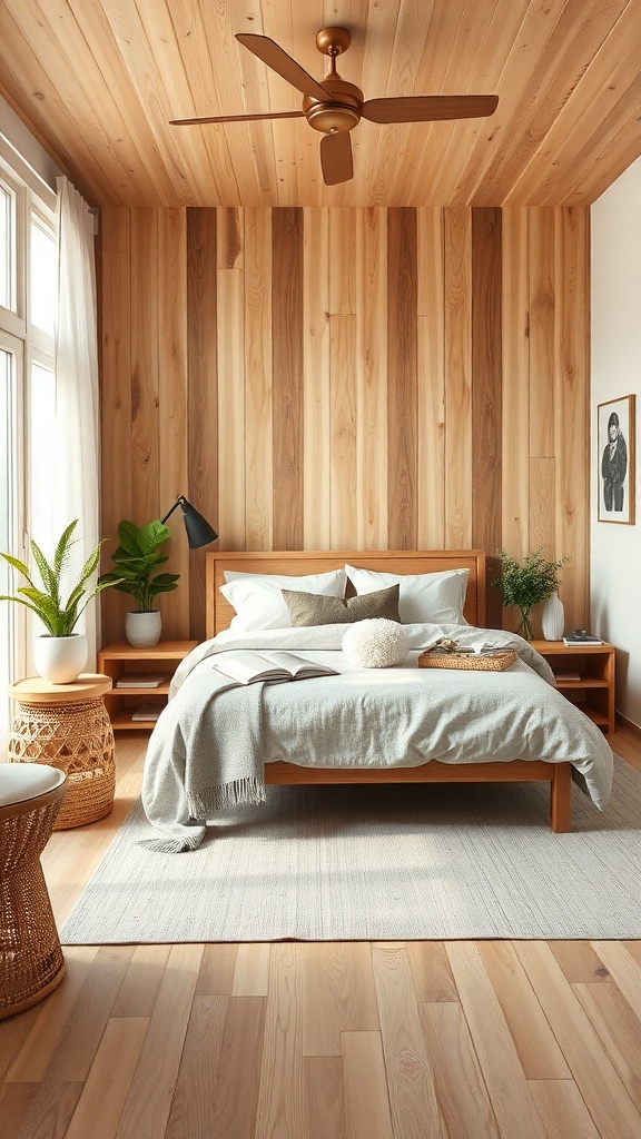 Aesthetic bedroom with wooden walls, a cozy bed, and plants, showcasing nature-inspired earth tones.