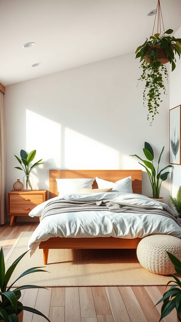 A cozy bedroom featuring a wooden bed, plants, and natural light.