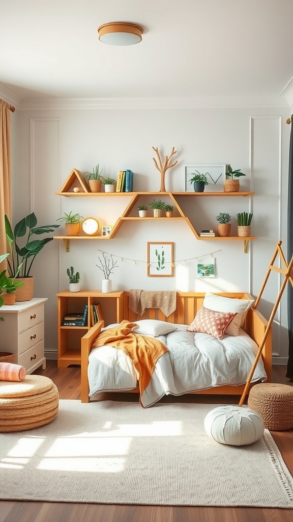 A cozy and nature-inspired kindergarten bedroom with wooden furniture, plants, and soft textiles.