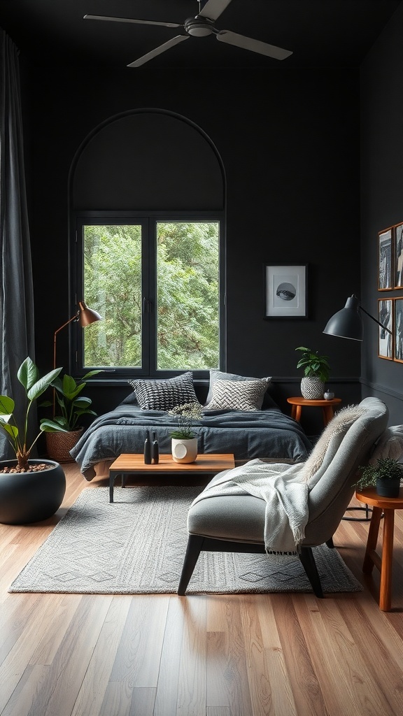 A stylish black living room featuring large windows, plants, and natural wood furniture.