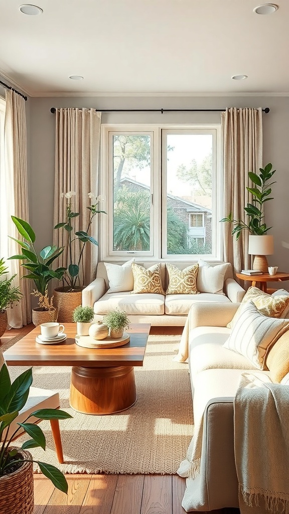 A cozy living room and dining room combo featuring plants, neutral furniture, and a large window.