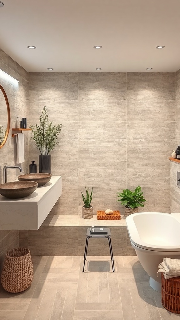 A modern basement bathroom featuring natural elements like plants, wooden accents, and soft lighting.