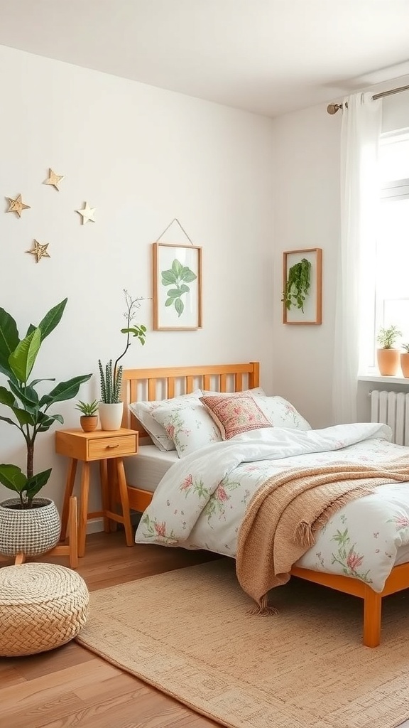 A cozy tween girl's bedroom with nature-inspired decor, featuring plants, floral bedding, and wooden furniture.