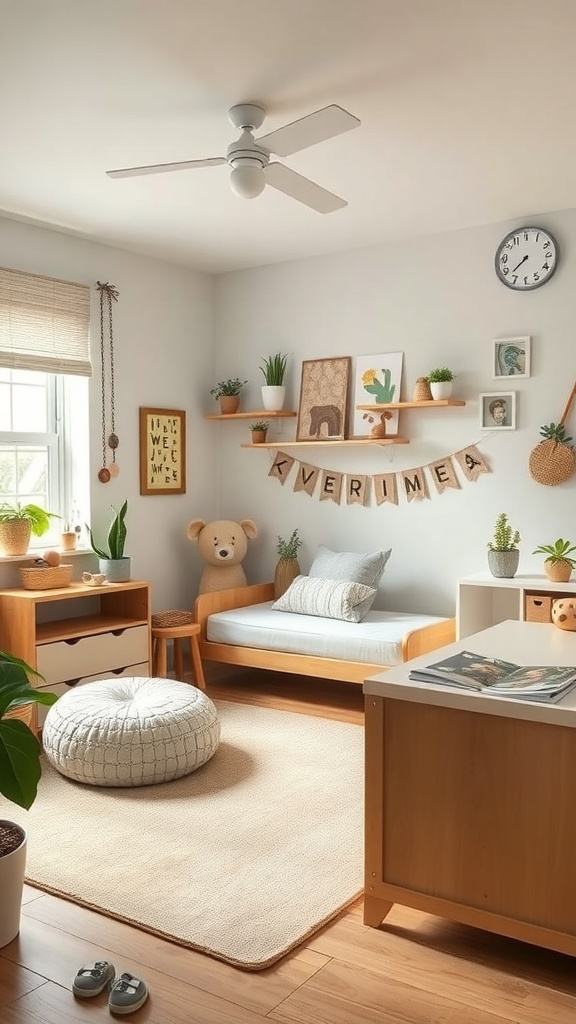 A cozy kindergarten bedroom with wooden furniture, plants, and nature-themed decor.