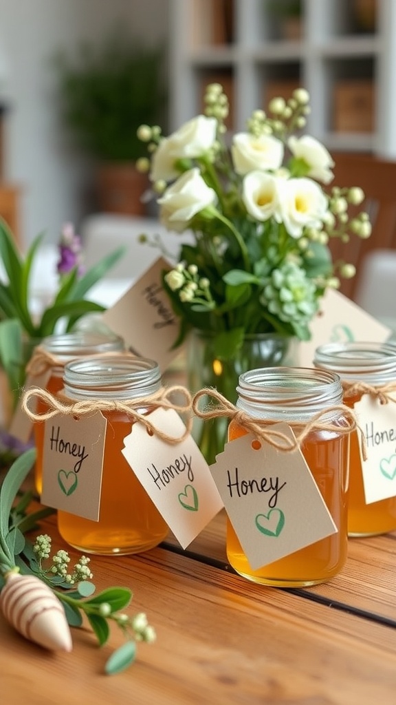 Jars of honey labeled with 'Honey' and tied with twine, accompanied by fresh flowers on a wooden table.