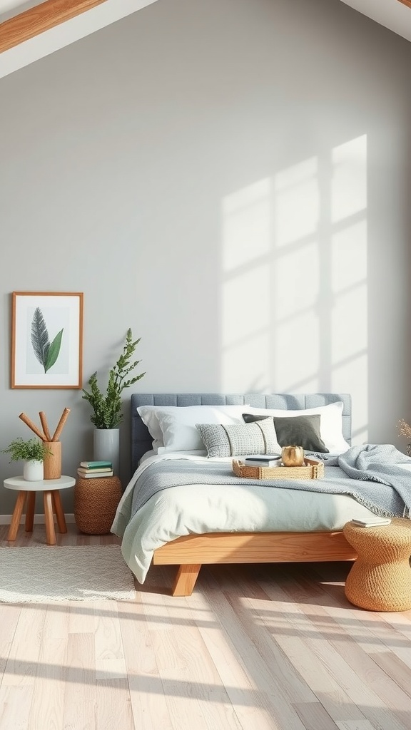 A serene gray bedroom featuring wooden beams, a cozy bed with light linens, and plants for a nature-inspired feel.