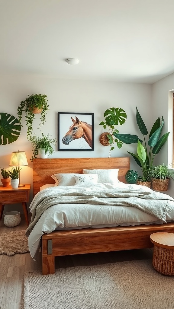 A cozy bedroom with a wooden bed frame, soft bedding, and several indoor plants, featuring a horse portrait on the wall.