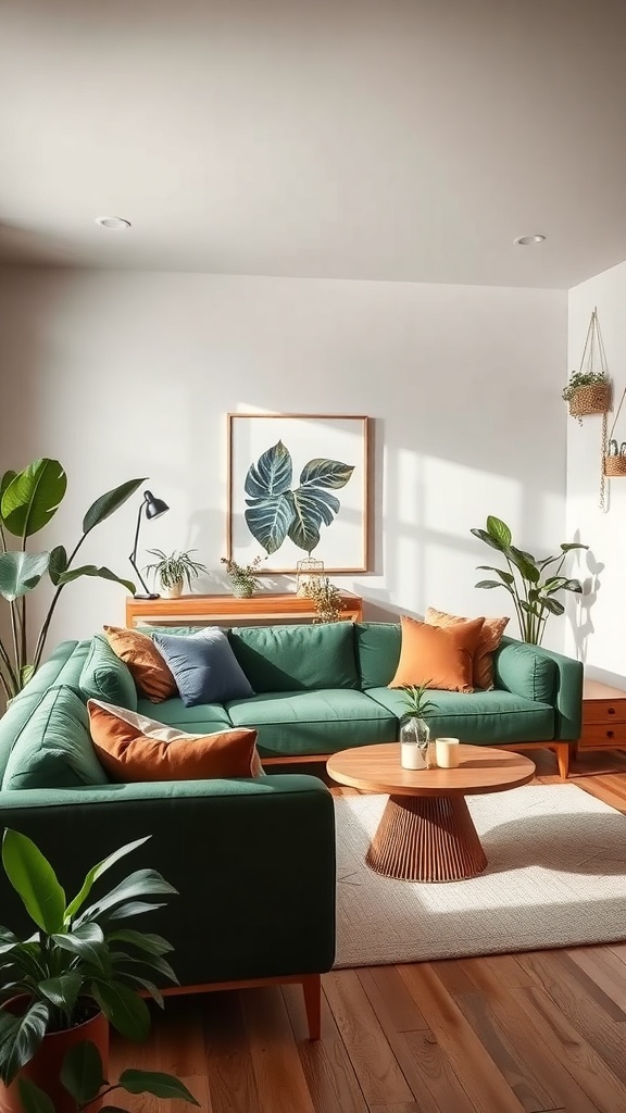 A cozy living room featuring a green sofa, warm cushions, a round coffee table, and indoor plants, creating a nature-inspired decor.