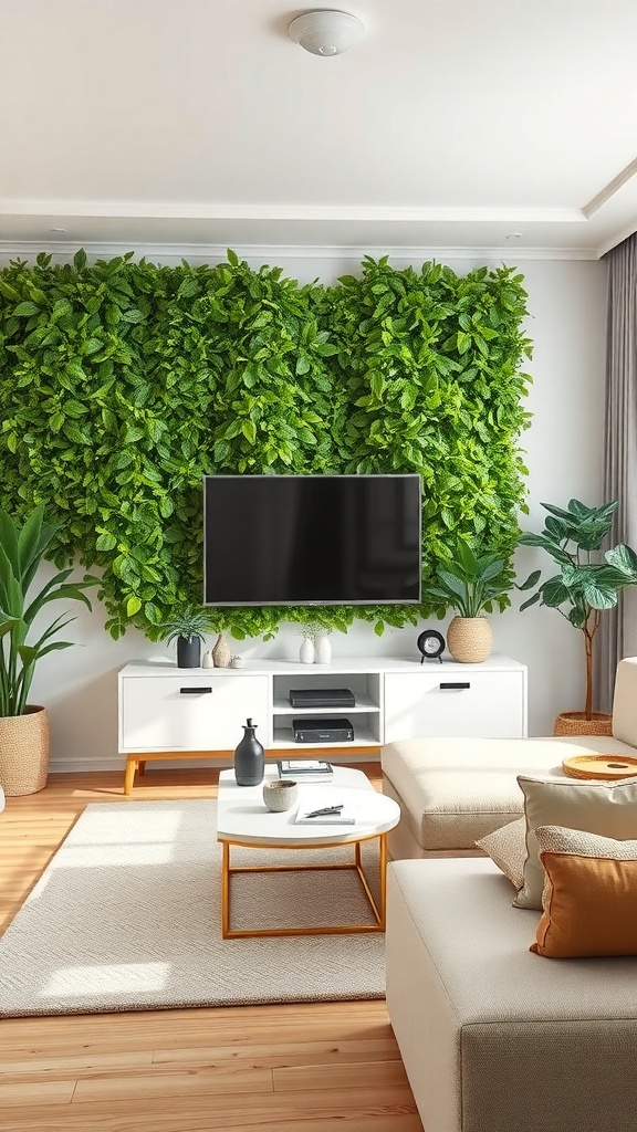 Living room with a green wall, TV, and modern furniture