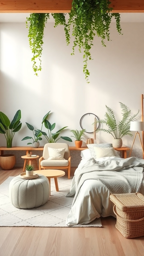 A cozy living room featuring various plants, a comfortable chair, and warm wooden accents.