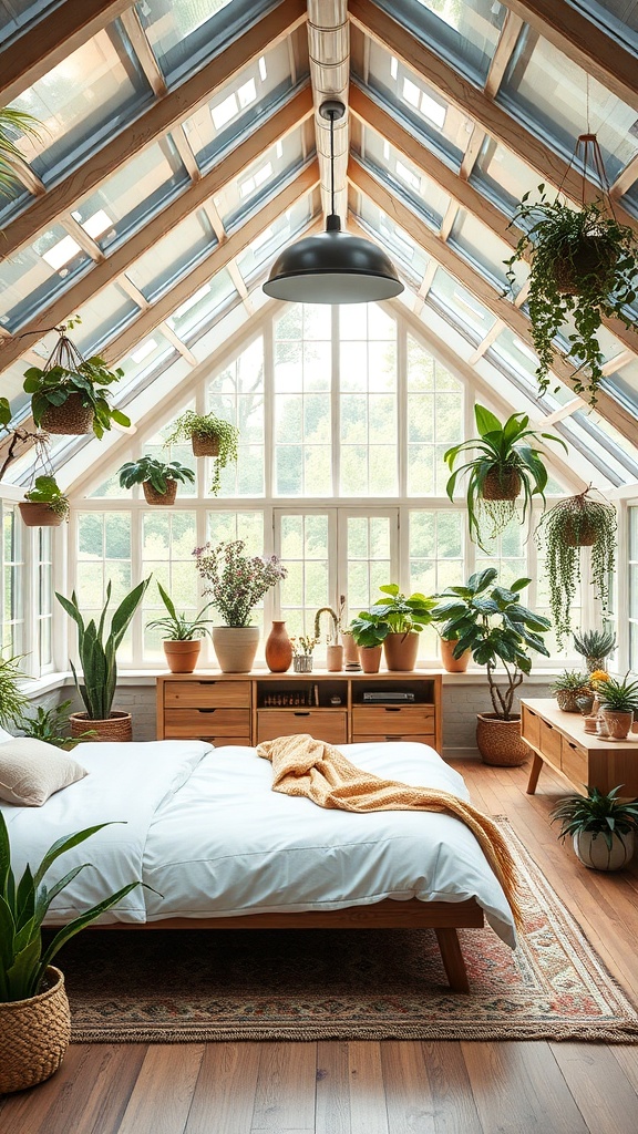 Cozy attic room with large windows, plants, and wooden furniture, creating a nature-inspired greenhouse feel.