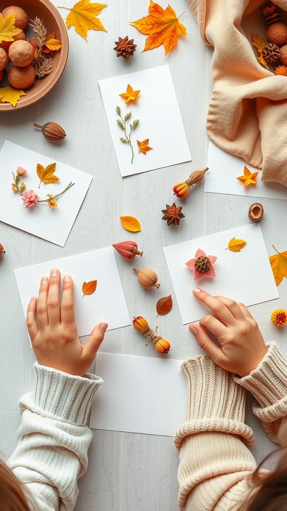Children crafting nature-inspired greeting cards with leaves and flowers.