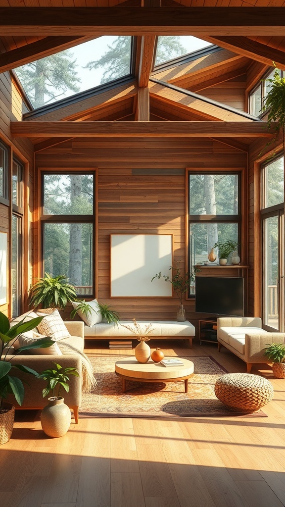 A bright and airy living room with wooden accents and large windows, featuring plants and cozy furniture.