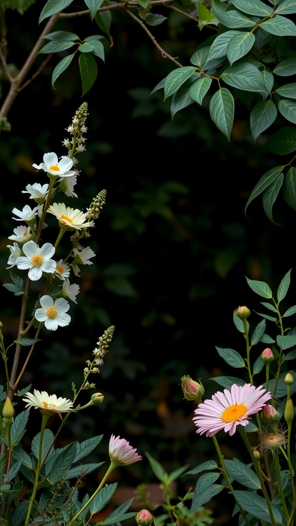 A close-up view of various spring flowers surrounded by green leaves.