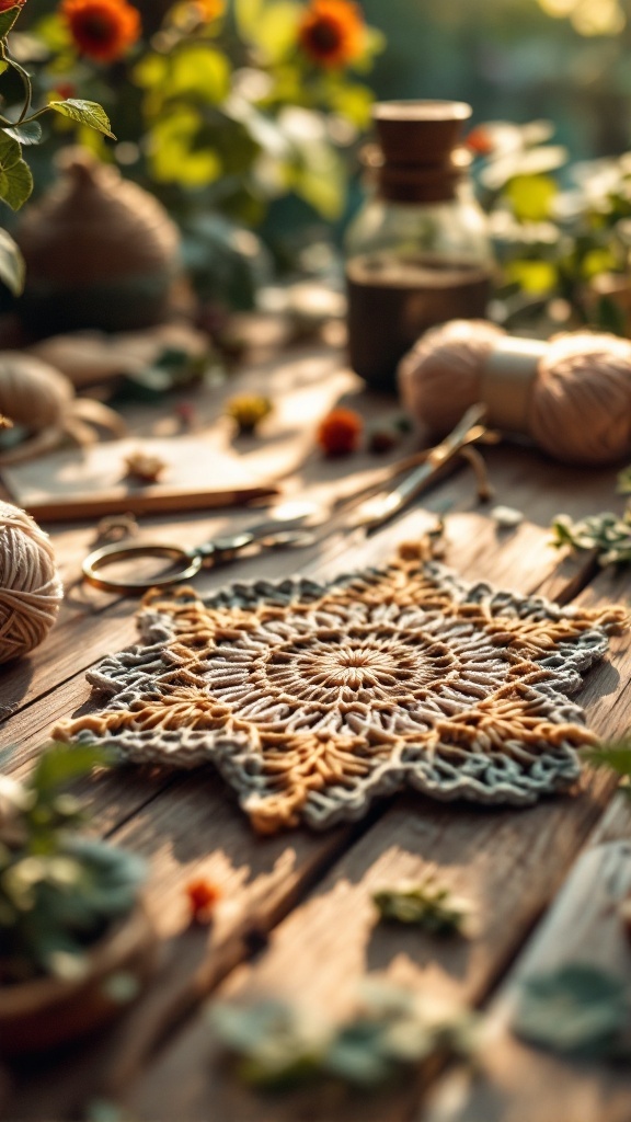 A crocheted star keyring surrounded by crafting materials and plants, creating a cozy, nature-inspired atmosphere.