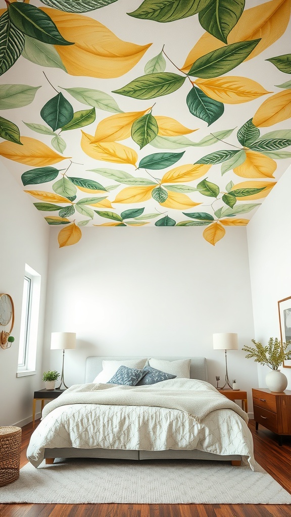 A bedroom with a painted ceiling featuring large green and yellow leaf patterns, a comfortable bed, and simple decor.
