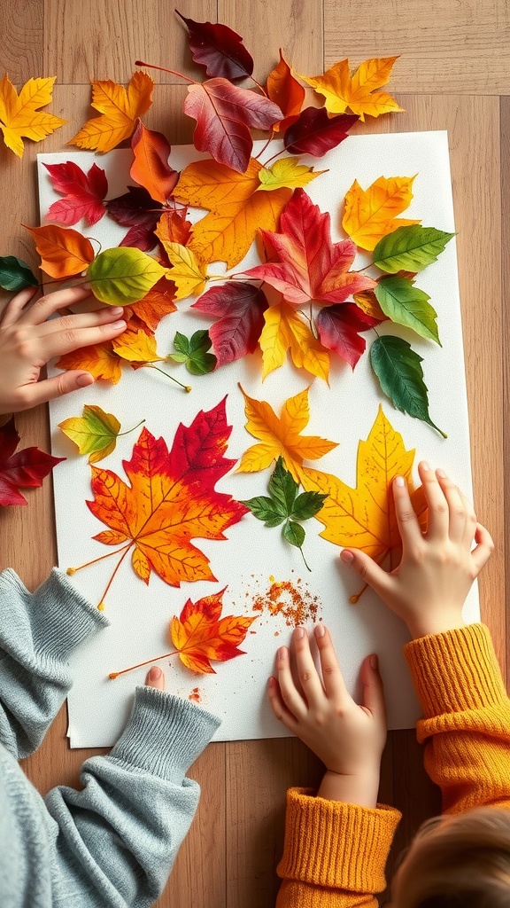 Colorful leaves arranged on a canvas with hands of children taking part in leaf printing