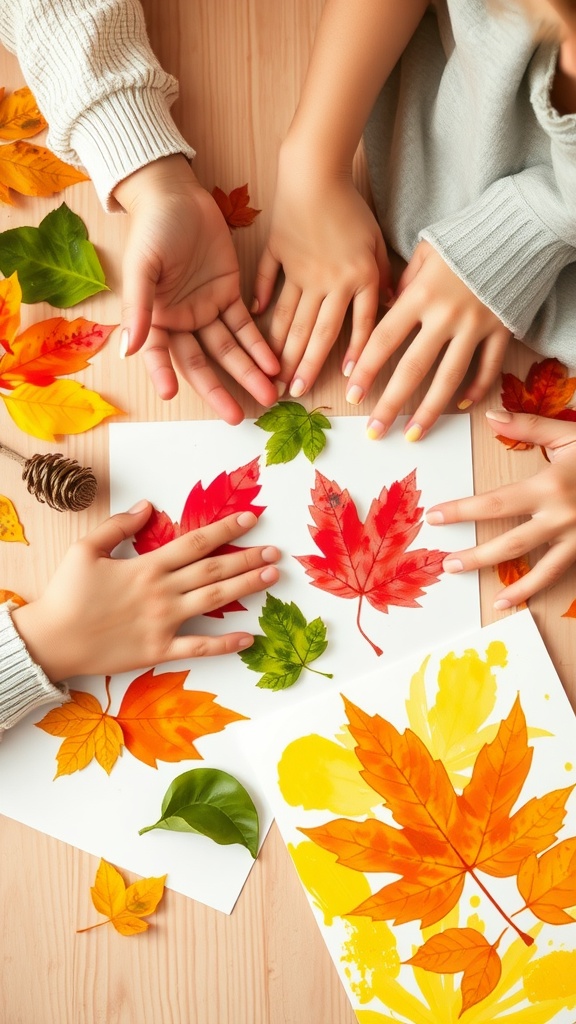 Hands of children preparing colorful leaf prints with various autumn leaves laid out