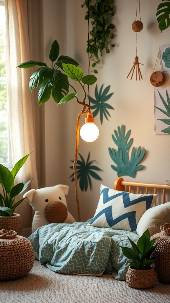 A cozy jungle-themed nursery with a unique light fixture resembling a tree branch, surrounded by plants and a comfortable bedding area.