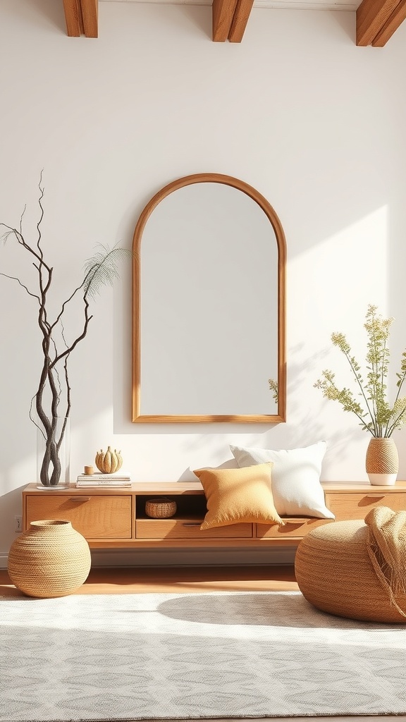 A nature-inspired mirror in a living room setting with wooden elements and plants.