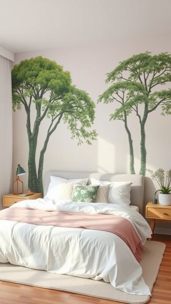A serene bedroom with a nature-inspired mural featuring tall trees on the wall.