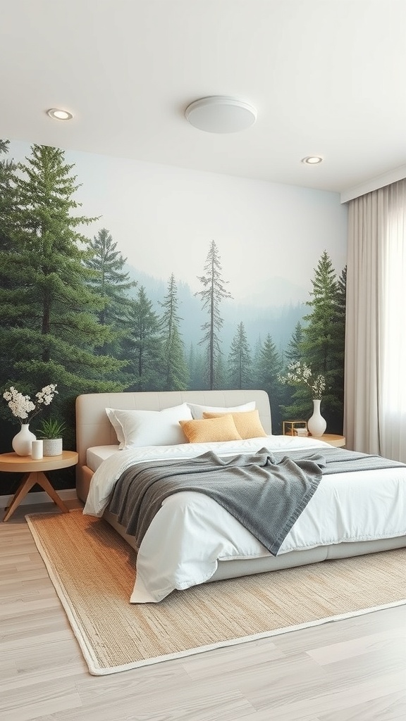 A serene bedroom featuring a nature-inspired mural of a forest, with a bed and simple decor.