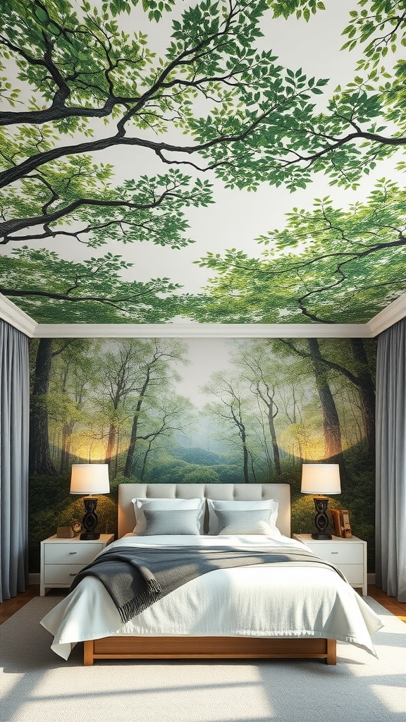 A bedroom with a ceiling mural of green leaves and a wall mural depicting a serene forest scene.