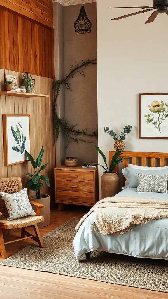 A cozy nature-inspired teen bedroom featuring blue bedding, wooden furniture, and various plants.