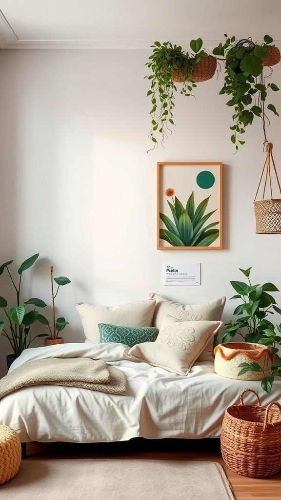A cozy bedroom with plants, a bed with soft pillows, and natural decor.