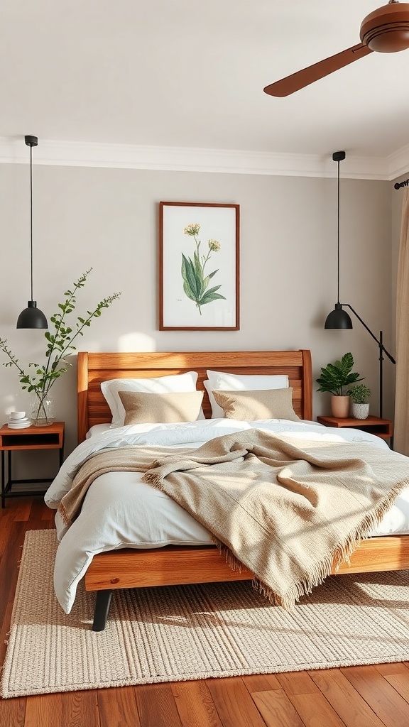 A cozy bedroom with a wooden bed, neutral bedding, botanical wall art, and plants on the bedside tables.