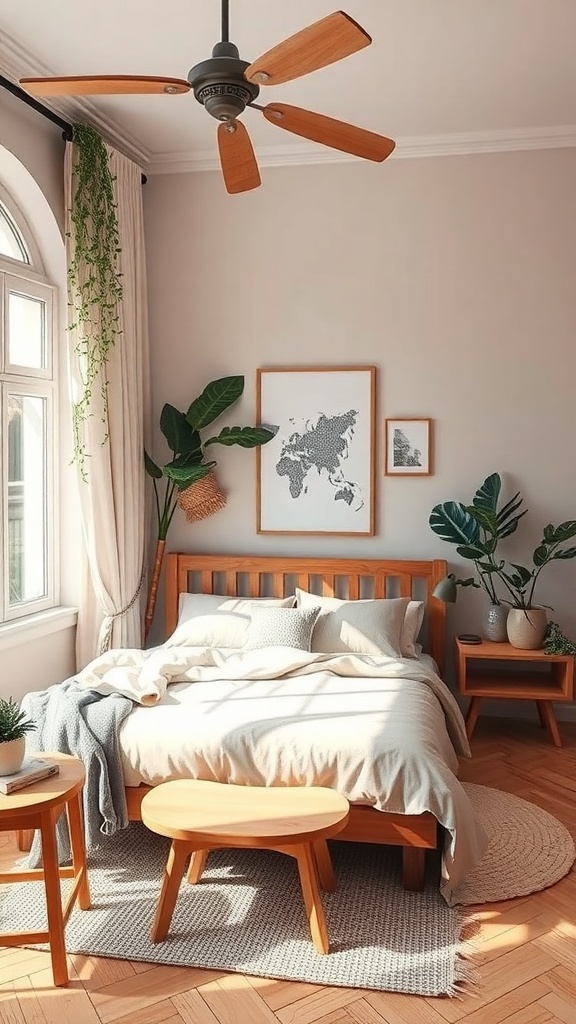 A cozy bedroom with wooden furniture, plants, and natural light, creating a nature-inspired oasis.