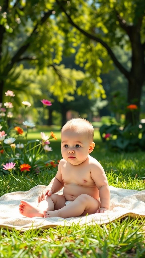 A baby sitting on a blanket in a garden surrounded by flowers, enjoying a sunny outdoor setting.