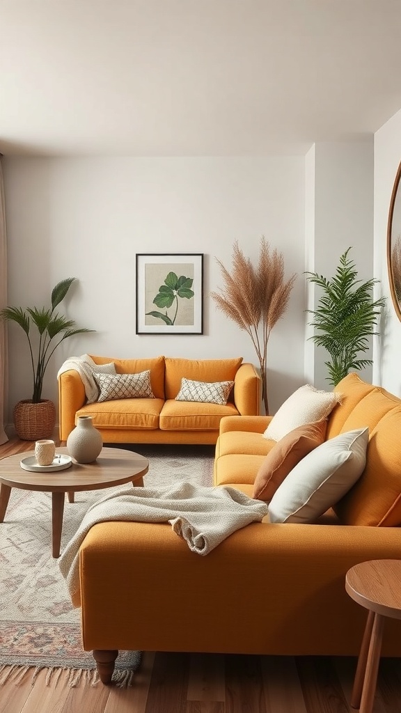 A cozy living room featuring a mustard sofa, plants, and a round coffee table.