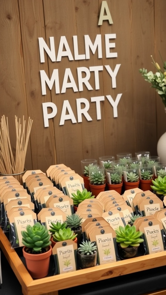 Display of small potted succulents and seed packets as party favors.