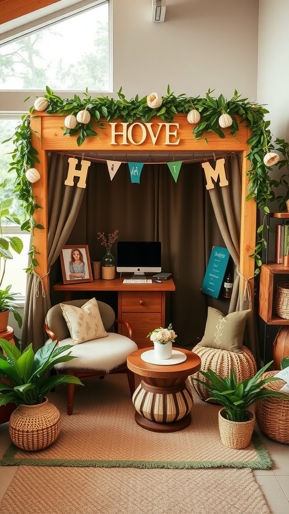 A nature-inspired photo booth with greenery, wooden frame, and cozy seating for a baby shower.