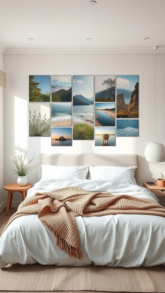 A nature-inspired photo collage on a bedroom wall featuring landscapes and serene scenes.