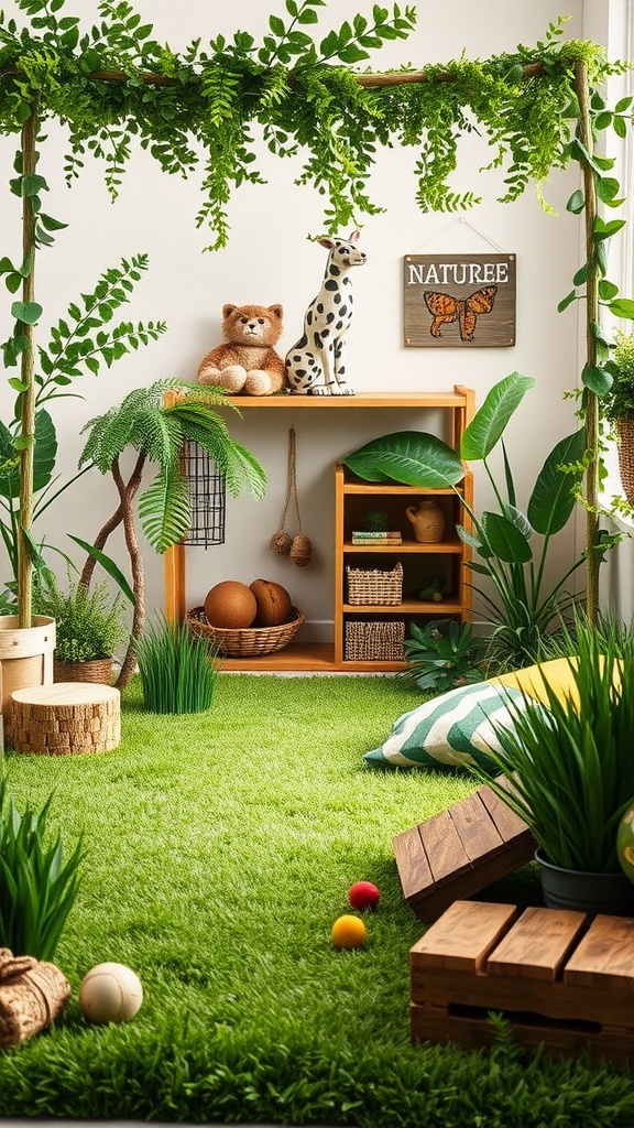 A cozy toddler playroom with green grass-like flooring, plants, and stuffed animals, featuring wooden shelves and playful decor.