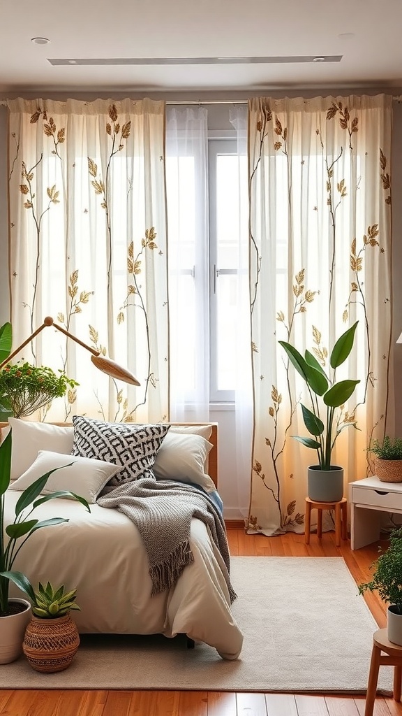 A cozy bedroom featuring nature-inspired curtains with leaf patterns, warm wooden floors, and indoor plants.