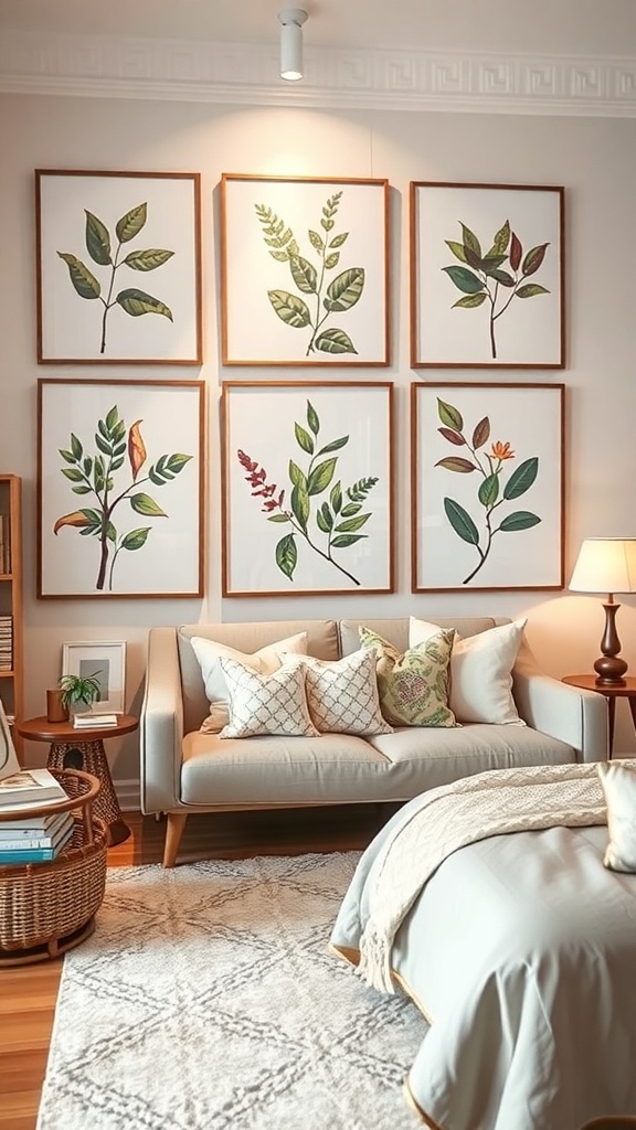 A cozy living room featuring nature-inspired prints of leaves in wooden frames on the wall.