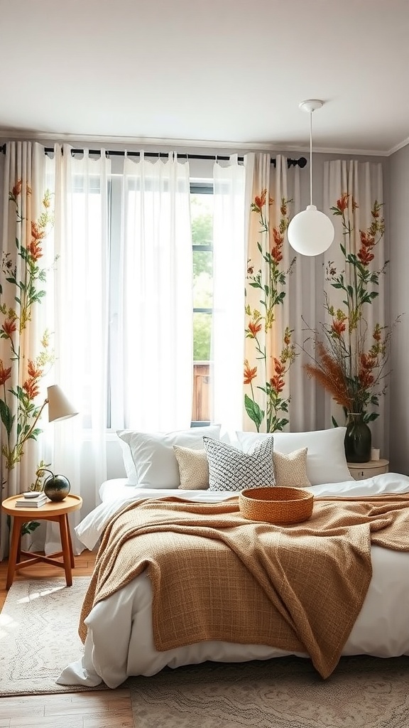 A cozy bedroom featuring floral curtains, neutral bedding, and wooden furniture.