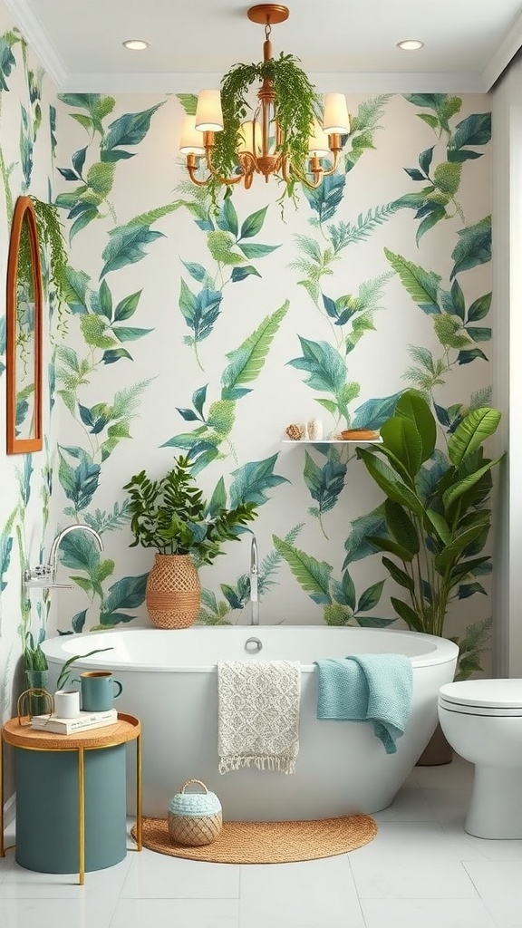 A serene bathroom with nature-inspired wallpaper featuring green leaves, a stylish bathtub, and plants.