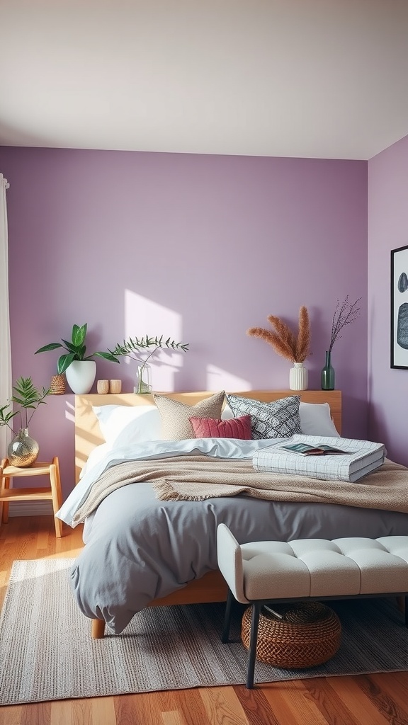 A cozy purple bedroom featuring plants, wooden furniture, and soft bedding.