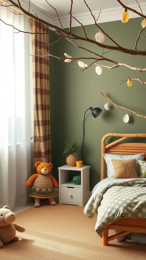 A cozy nature-inspired kids bedroom with green walls, branches hanging decoratively, and soft toys.