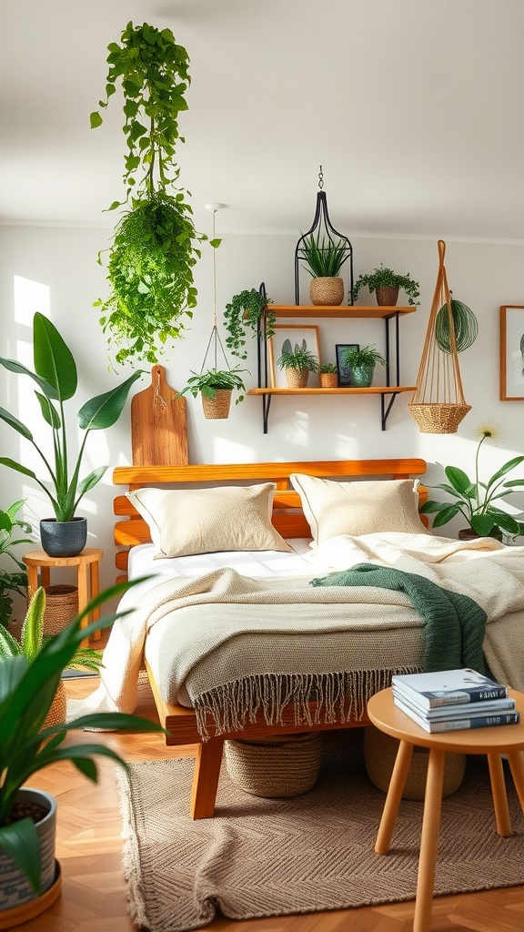 A cozy kids bedroom featuring a wooden bed, plants, and natural light.