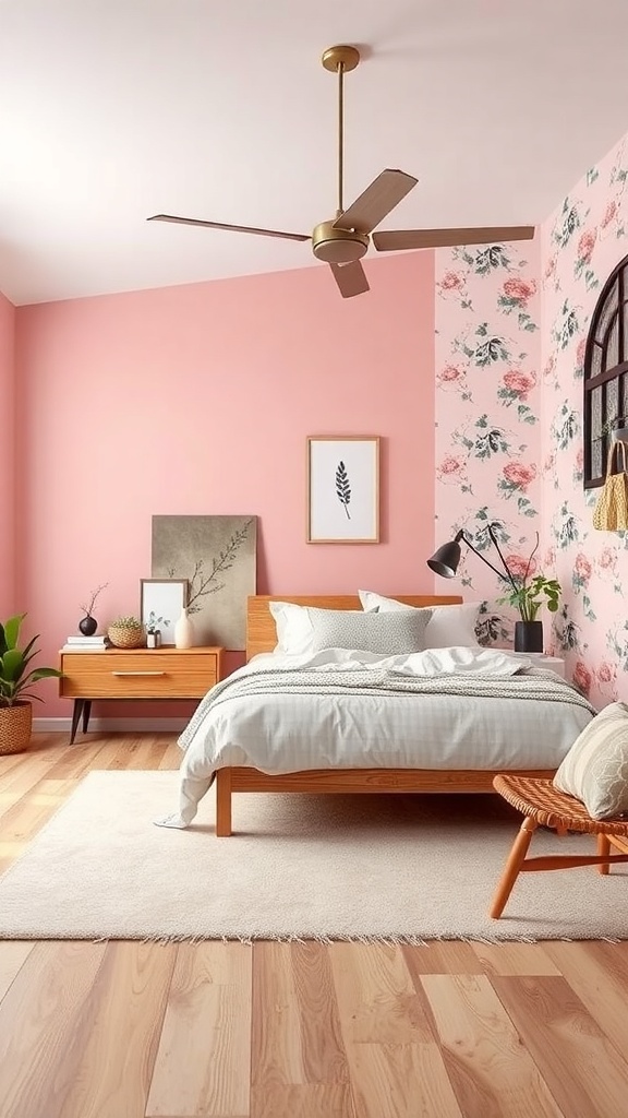 A beautifully designed pink bedroom featuring floral wallpaper, wooden furniture, and plants.