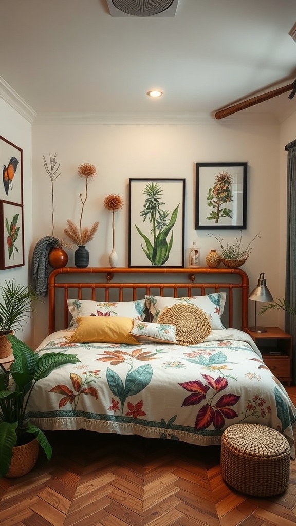 A beautifully designed teen girl's bedroom featuring floral patterns, plants, and natural materials.