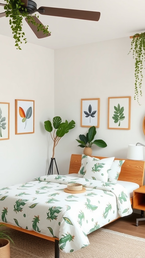 A nature-inspired teen bedroom with leafy decor, wooden furniture, and potted plants.