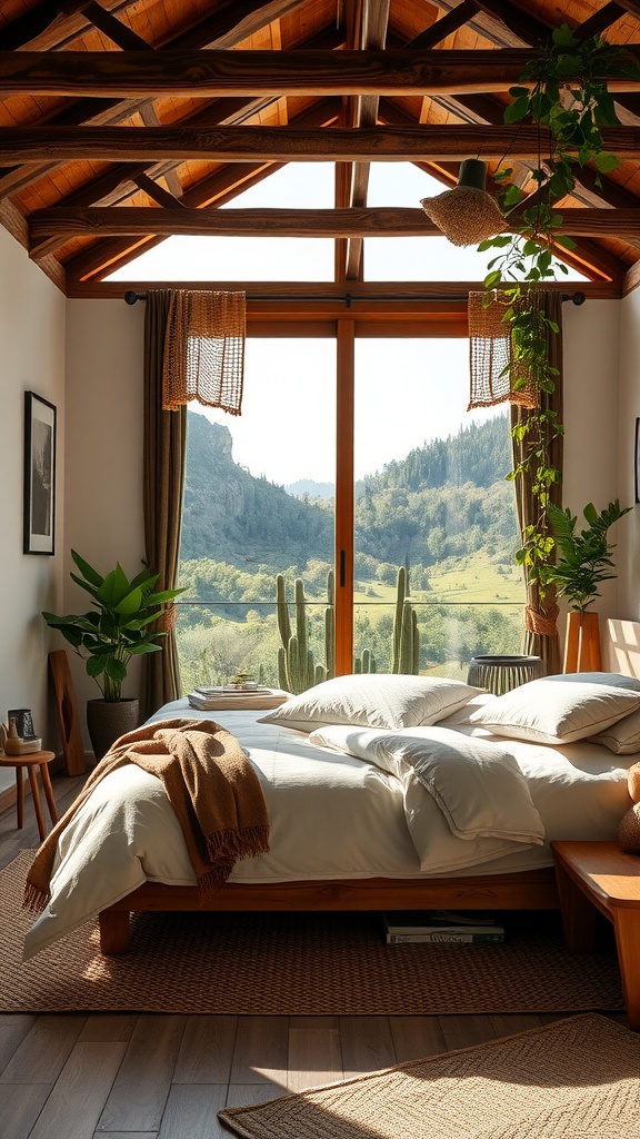 A cozy bedroom with wooden beams, soft white bedding, and a view of nature outside the window.